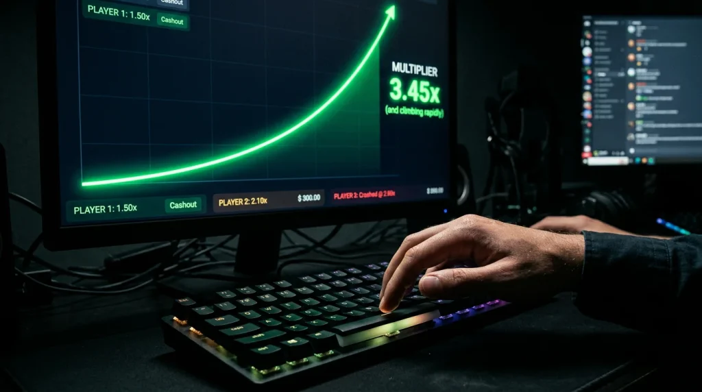 Person watching crash game multiplier rising on computer screen