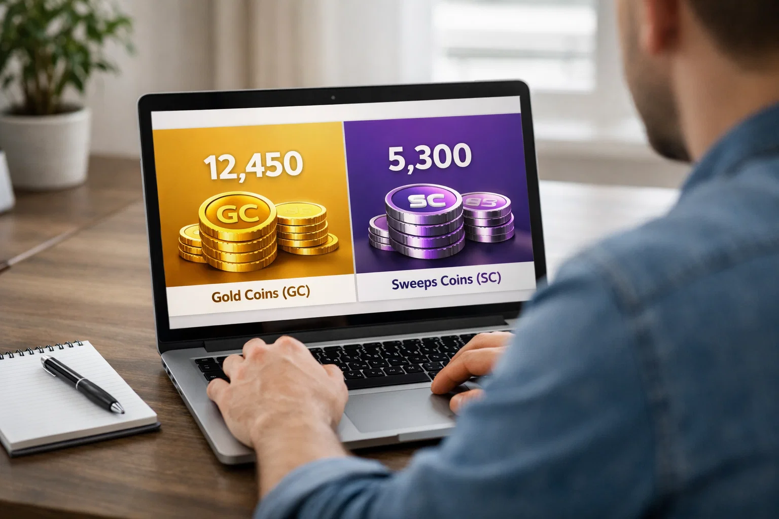 Gold Coins and Sweeps Coins dual currency model explained - person reviewing virtual currencies on laptop
