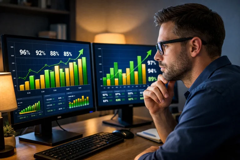 Person analyzing game odds and RTP statistics on screen