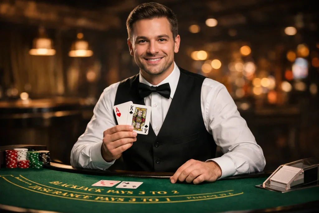 Live dealer at sweepstakes casino dealing blackjack cards