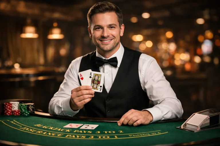 Live dealer at sweepstakes casino dealing blackjack cards