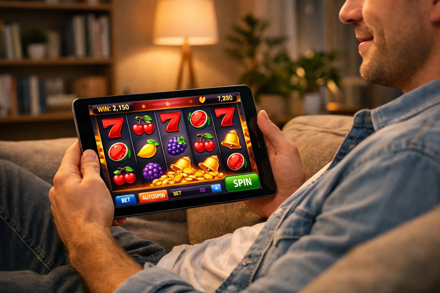 Online slots at sweepstakes casinos - player enjoying slot games on tablet
