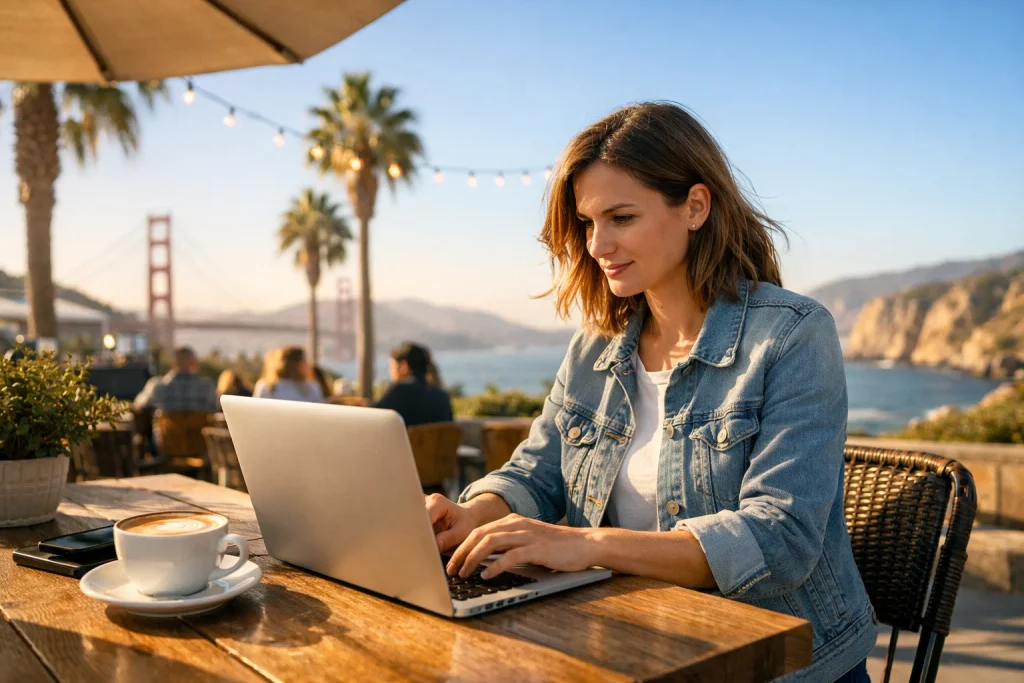 California coastline with person gaming on laptop outdoors