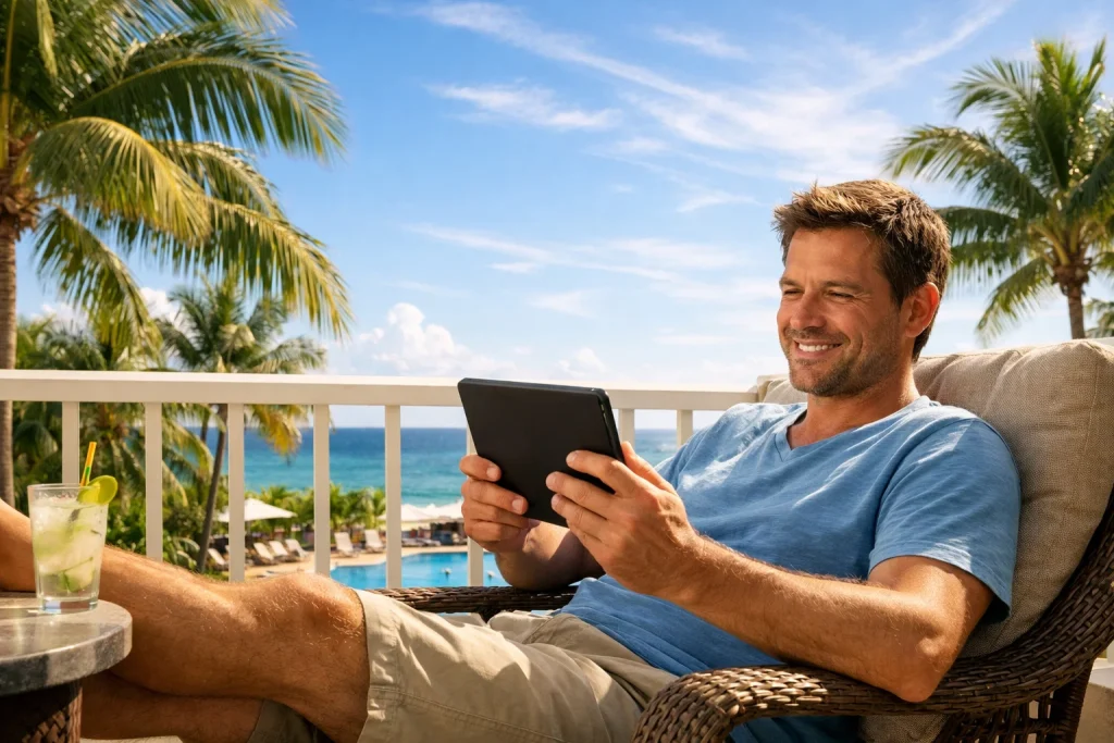 Florida palm trees with person playing sweepstakes casino on tablet