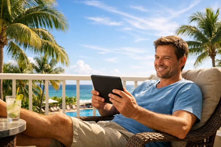 Florida palm trees with person playing sweepstakes casino on tablet