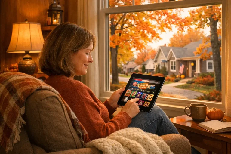Ohio skyline with person playing sweepstakes casino games