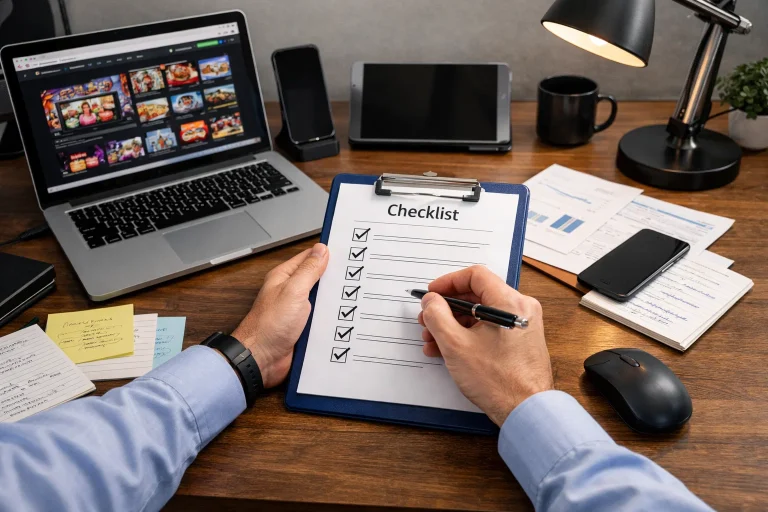 Expert reviewing sweepstakes casino with checklist and notes