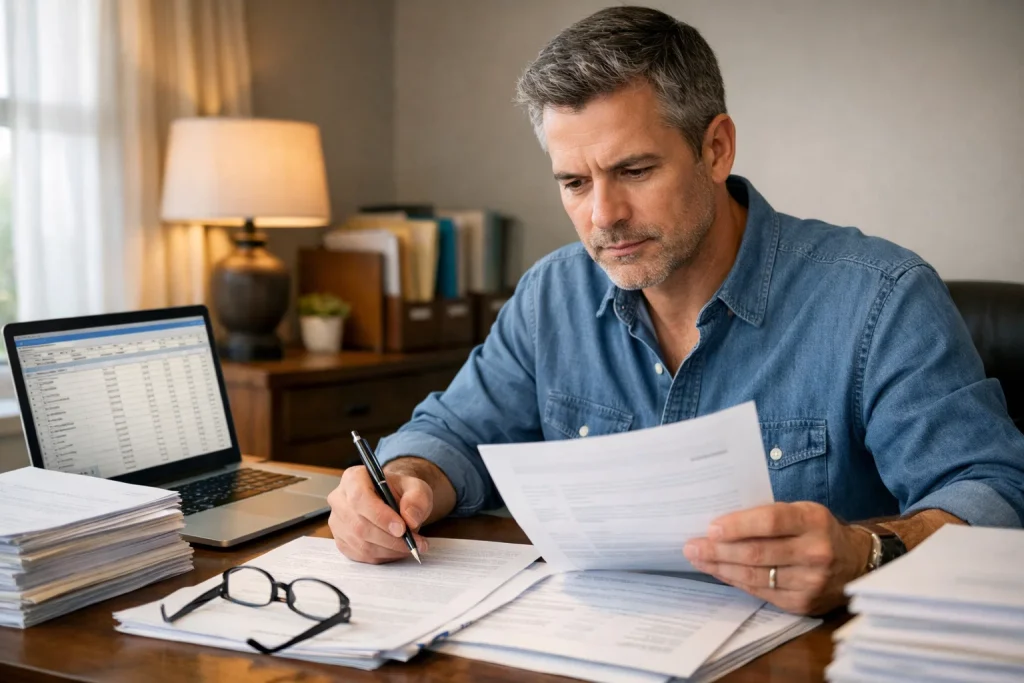 Person organizing tax documents for sweepstakes casino winnings