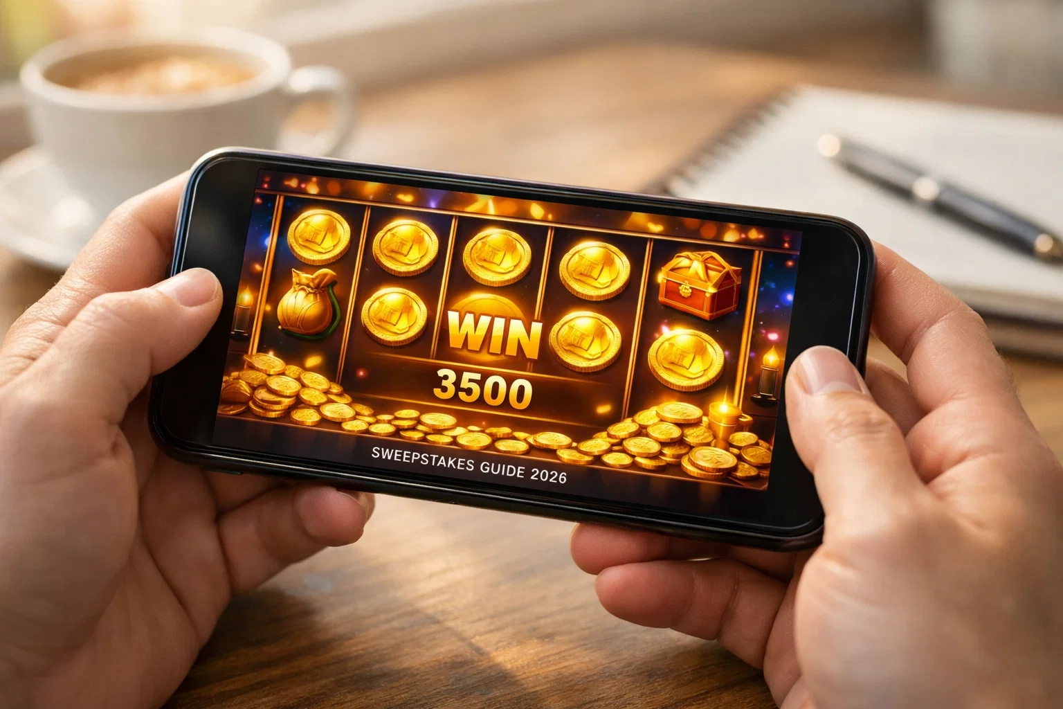 US sweepstakes casino games guide 2026 - smartphone displaying slot game with gold coins